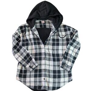 No Boundaries Womens Black White Plaid Sherpa Lined Hooded Flannel Shirt Medium